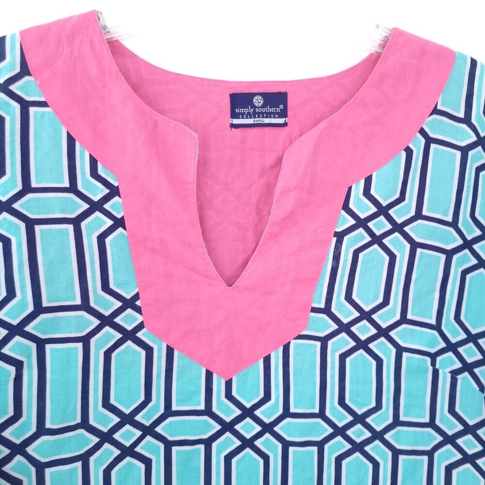 Simply Southern Tunic Top Lattice Small Blue Pink Preppy, Resortwear, 3/4 Sleeve - Picture 3 of 5